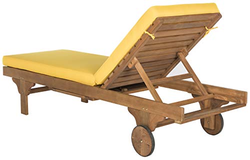 Image of SAFAVIEH Outdoor Collection Newport Natural / Yellow Cushion Built-in Side Table Adjustable Chaise Lounge Chair