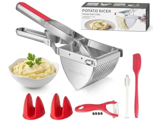 Heavy-Duty Stainless Steel Potato Ricer with Red Ergonomic Handle, Multi-Purpose Mashing Set, Includes Peeler, Heat Mitts, and More