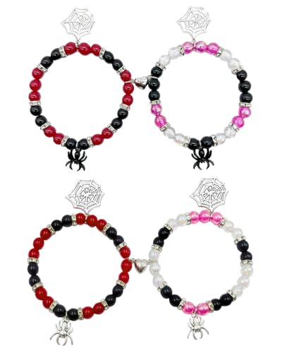 4Pcs Spider Matching Bracelets Magnetic Bracelets for Couple Women Men Friendship Bracelets Heart Energy Stone Bracelets Stretch Beaded Bracelets Halloween Party Jewelry Gifts - Main Image