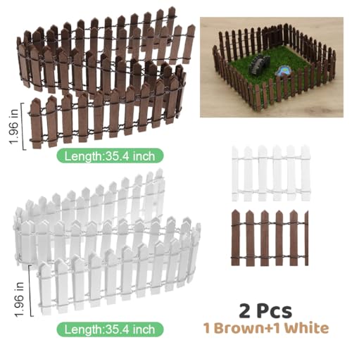 ORTIZA&reg; 2Pcs Miniature Garden Fence Decorative, 90cm Length Wood Picket Fence for DIY Miniature Garden, White & Brown Decorative Fence, Garden Fencing for Plant, DIY Miniature Fairy Garden Decor