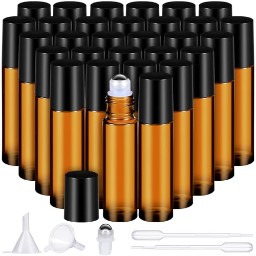 Domensi 30 Pcs Essential Oil Bottles, 10 ml Glass Bottle with Stainless Steel Roller Ball and Cap for Travel, Perfume, Lip Balm, 2 Funnels, 0.5 ml Dropper(Amber)