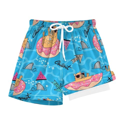 VIGTRO Funny Summer Capybara Surf Boys Swim Trunks with Compression Liner Boys Board Shorts Quick Dry, Summer Swim Shorts Bathing Suit for Kids 7Y