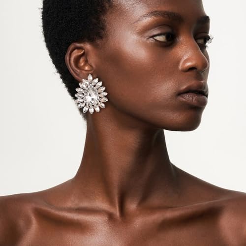 HZMAN Crystal Flower Stud Earring for Women Bridal Dainty Vintage Large Rhinestone Earring Novel Irregular Earring Wedding Party Prom Jewelry Gift (Silver)2