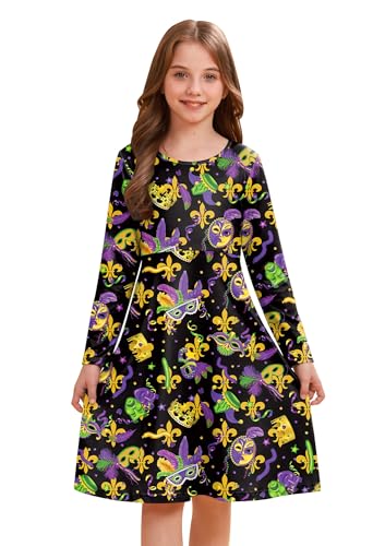 Girl's Mardi Gras Fleur de Lis Print Long Sleeve Midi Dress Carnival Outfit 4-12 Years