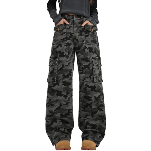 High Rise Straight Leg Cargo Pants Women and Girls Y2K Camo Streetwear Dance Trousers4