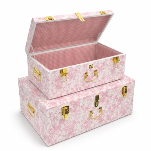 Rool Floral Decorative Storage Trunk Set of 2 Pink Metal Keepsake Trunks with Gingham Fabric Lining Stackable