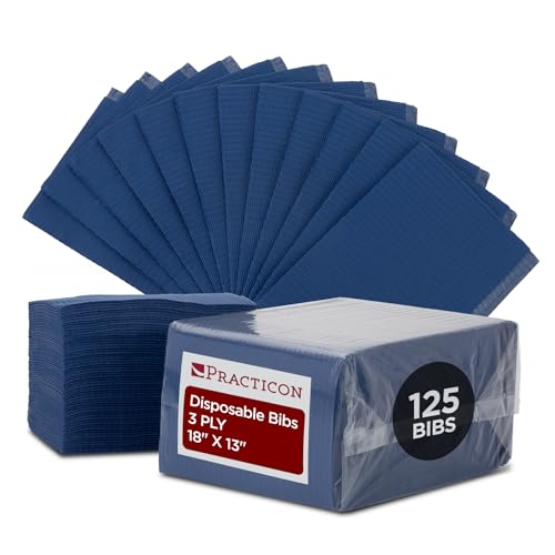 Practicon 125 Pack Blue Disposable Patient Bibs, 18" x 13", 3 Ply Waterproof Paper Bib Sheet with Poly Back, Dental, Medical, Tattoo, Nail Tray or Table Cover, 125 Pack