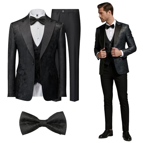 Mens Tuxedo 4 Pieces Slim Fit Suit Blazer Peaked Lapel Printed Vest Pants Bow Tie Wedding Prom Banquet Performance