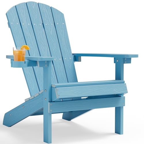YEFU Adirondack Chair Weather Resistant: Outdoor Chair HIPS Plastic Adirondack Chairs - Patio Chairs with Cup Holder & Wood Texture - Lawn Fire Pit Deck Porch Garden Chairs for Adults (Blue)