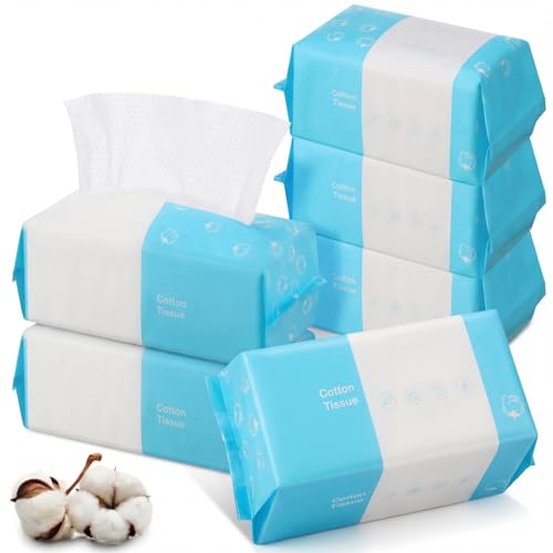 Image of Riakrum 6 Pack Disposable Towelettes Face Towel Bulk Cotton Face Tissues Soft Facial Tissue Dry Wet Use for Sensitive Skin Care Makeup Removing Surface Cleaning (600 Counts)