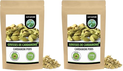 Alpi Nature Cardamome Gousses Entières 200g, Gousses de Cardamome Verte Entières avec Graines pour la Cuisine (Lot de 2)