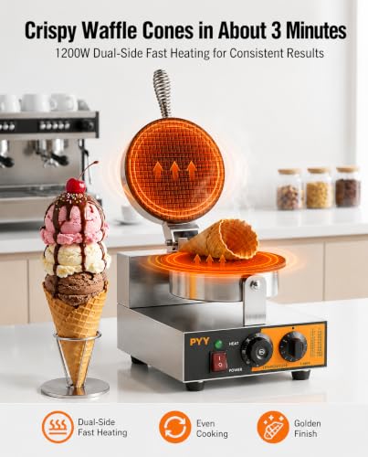 Image of PYY Commercial Waffle Cone Maker Machine, 1200W Ice Cream Cone Maker with Nonstick Plates, Adjustable Temperature & Timer, Stainless Steel Electric Waffle Cone Baker for Ice Cream Shops, Cafes & Home