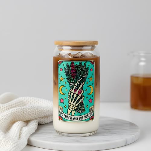 Image of AFRITEE Funny Skull Glass Cups - Not Enough Sage for This Shit Gothic Skeleton 16 oz Glass Cups with Lids and Straws, Iced Coffee Tumbler Witchcraft Gifts for Female Tarot Lovers