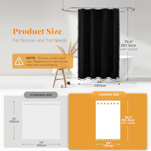 Image of BTTN Stall Fabric Shower Curtain - 54 x 78 Inches Boho Linen Heavy Duty Tassel Shower Curtain Set with 10 Hooks, Narrow Rustic Modern Farmhouse Bohemian Thick Shower Curtains for Bathroom - Black