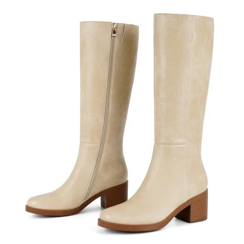Image of Easyfox Womens Knee High Boots Chunky Low Heel Round Toe Tall Long Boots | Balanced Low Block Heel, Roomy Round Toe, Anti-slip Rubber Outsole, Fashion Heeled Dressy Fall Winter Long Boots for Women