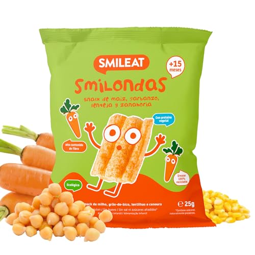 Smileat Smilondas | Snack Ecológico de Maíz, Garbanzo, Lenteja y Zanahoría | Para Bebés desde 15 Meses | Horneadas con Ingredientes Naturales | Alternativa para una Merienda Sana | 1 x 25g