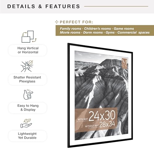 Image of MCS Everline Collection 28x34 Matted Poster Frame with 24x30 Picture Display, Black Vertical & Horizontal Wall Hanging Large Frame for Photos, Posters & Art Prints (1-Pack)
