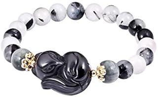 Jewboo Obsidian Fox Bracelet Black Rutilated Quartz Gemstone Healing Crystals Elastic Jewelry Gifts for Women