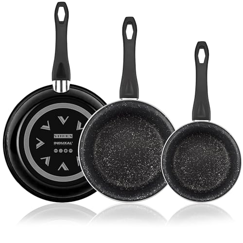 VITREX - Granite Noir Metallic, set de sartenes 20 + 24 + 28 cm de diámetro, fabricadas en acero esmaltado color negro, antiadherente tripe capa con efecto piedra, para todo tipo de cocinas