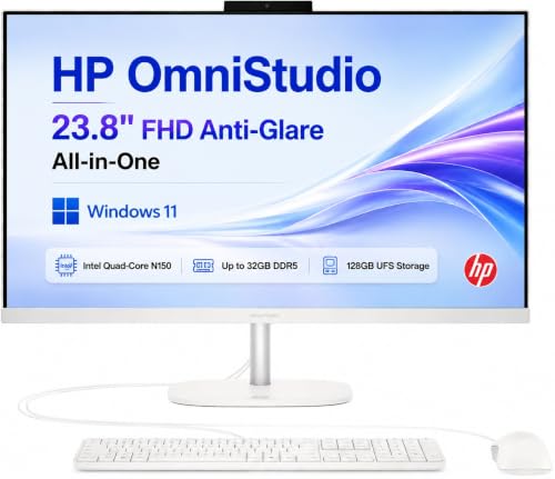 Image of HP OmniStudio 24 inch Full HD All-in-One Desktop Computer | Intel Quad-Core CPU | 16GB DDR5 RAM, 128GB UFS Storage | WiFi 6, Bluetooth 5.4, Keyboard & Mouse, Windows 11