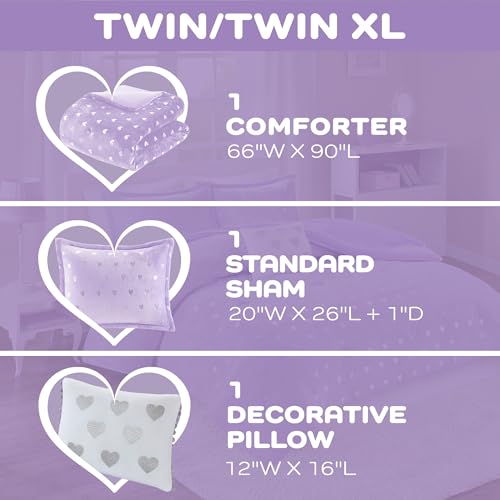 Image of Intelligent Design Twin Comforter Set, 3 Piece Metallic Hearts Cozy Bedroom Set for Girls, Twin Bed Set Soft & Plush Comforter, All Season Fluffy Bedding Set, Rosalie, Twin /Twin XL, Purple Silver