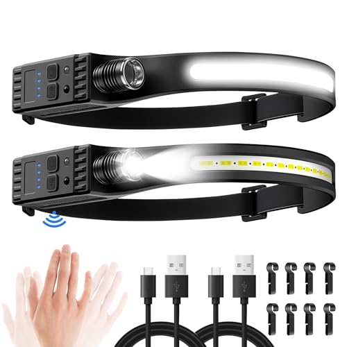 Paquete de 2 linternas de cabeza recargables, súper brillantes de haz ancho de 230° y foco ajustable con indicador de nivel de batería, 7 modos con sensor de movimiento, linterna frontal impermeable