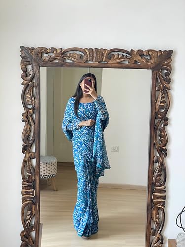 Image of StyleScope Women's Georgette Printed Lace Bordered Ready To Wear One Minute Saree With Print Unstitched Blouse Piece (RTW Mix Free Size)