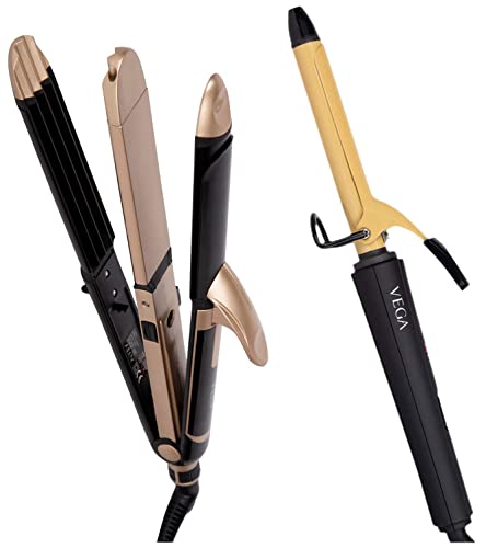 Image of VEGA 3 in 1 Hair Styler, Straightener, Curler & Crimper (VHSCC-01), Black & Ease Curl 19 mm Barrel Hair Curler With Ceramic Coated Plates, (VHCH-01), Beige