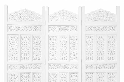 Image of Home & Goods International Wooden Room Divider Partition - Foldable Wood Screen Separator for Living Room, Bedroom, Office, Restaurant || Kangra Badrun Design, White (3 Panel with Stand)