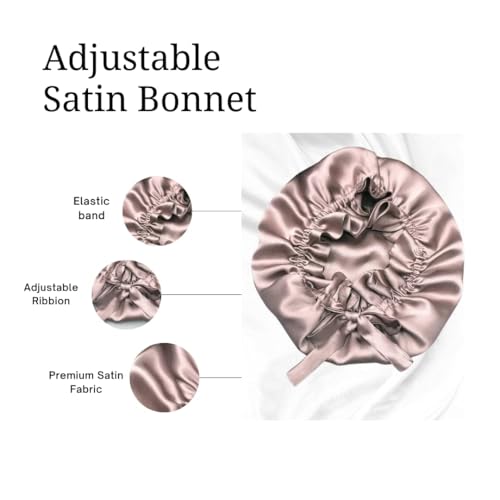 Image of Atrube's Silk Satin Hair Bonnet Reversible with Adjustable Tie Band Wrap Satin Wrap with Hair Scalp Massager Shampoo Brush and 3 Scrunchies (Beige)