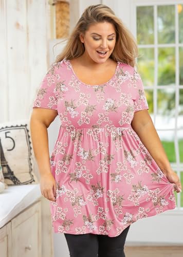 AusLook Women's Plus Size Tunic Short Sleeve Clothes Scoop Neck Summer Tops Pleated Flowy Loose Fit Babydoll T Shirt L-5X, D07-pink Floret, 3XL Plus — view 2
