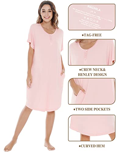 Nachila Womens Bamboo Nightgown Button-Down Sleepwear Short Sleeve Nightshirt Soft Night Dress Pink Xx-Large #TOP3