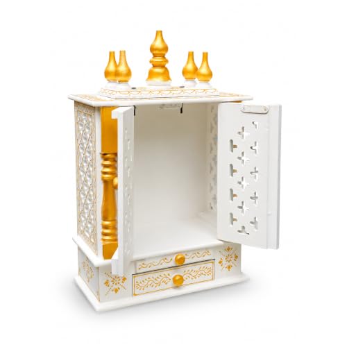 Image of Handmade Wooden Temple Mandir in White & Gold, Hand-Painted with Carved Panels; Perfect Decorative Pooja Shrine for Home or Office, 30x15x40 cm