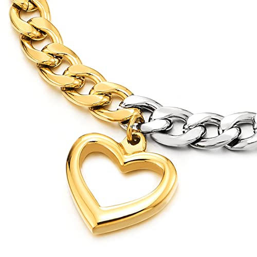 Coolsteelandbeyond Womens Steel Silver Gold Color Two-Tone Link Chain Bracelet With Dangling Heart Charm, Hook Closure #TOP1