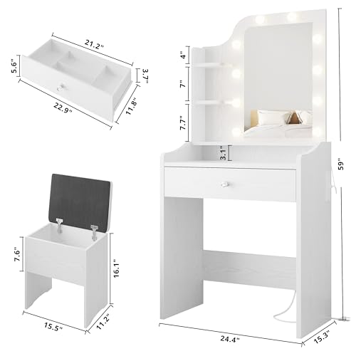 Image of LIKIMIO Small Vanity Desk with Mirror Lights and Storage Stool, White