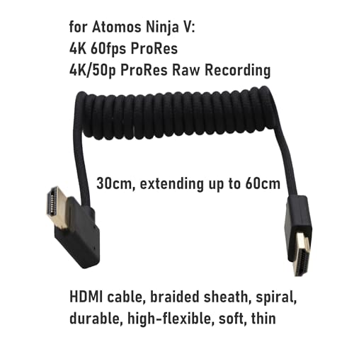 HangTon Cable HDMI de alta velocidad para ATOMOS Ninja V Shinobi, Sony, Canon, Lumix, Nikon, Blackmagic, TV, portátil, proyector, PS5, Xbox, FEELWORLD, puertos trenzados, en espiral negro, ángulo - imagen 3