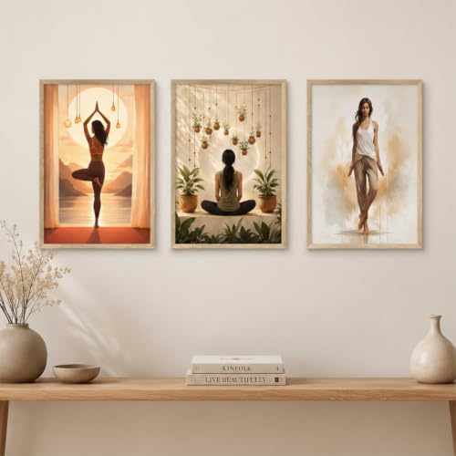 Image of Livin'luxe Set of 3 Yoga Meditation Women Wall Paintings for Living Room Bedroom Home Decor with Premium Wooden Color Synthetic Frame (13.5 x 19.5 Inch) NM03-65