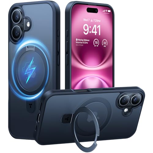 Image of TORRAS Magnetic for iPhone 16 Case with Stand, Built-in Stand Compatible with MagSafe, 12 FT Military-Grade Protection, Translucent Slim Phone Case for iPhone 16 6.1'', Matte Black