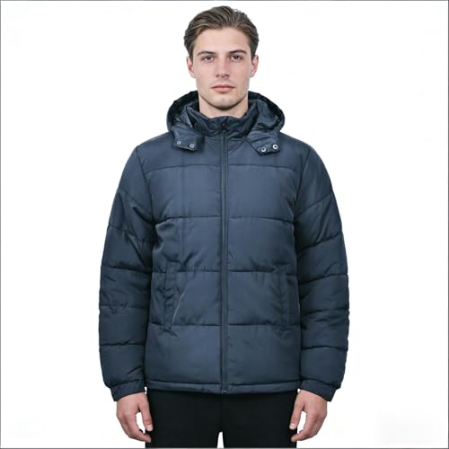 Image of Men's Hooded Puffer Jacket Down Alternative Lightweight Warm Coat Stand Collar Winter Insulated Quilted Coat