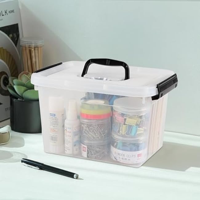 4-Pack 6.5 Quart Small Storage Boxes, Plastic Storage Latch Bin, Clear