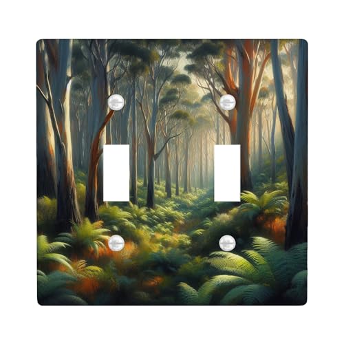 Placa de cubierta para interruptor de luz de árbol de abedul, bosque tropical, bosque, naturaleza, sol, paisaje, helecho, plantas, verde, marrón, gris, policarbonato (PC), decoración de baño, hogar