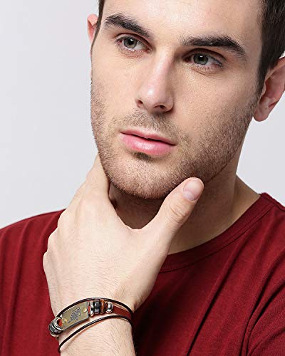 Image of Young & Forever Zodiac Sign Multi-Strand Genuine Leather Bracelet for Men & Boys - Adjustable Tribal Wristband with Antique Metal Charm