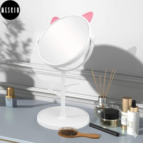 Image of MESKIN Cute Cat Ear Vanity Makeup Mirror with Storage Tray and Jewelry Holder Stand, 360 Desktop Swivel Dressing Table Mirror for Girls, Teens, Dorm Room, Bathroom Mirror (Pack of 1, White)