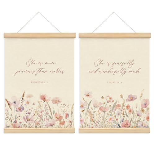 Image of PLKMN Girls Room Decor, Pink Wildflower Baby Girl Nursery Decor Set of 2, Christian Gifts for Girls, Pink Floral Bible Christian Wall Art Framed, 12x16 Inch