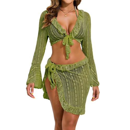 4 Piece Womens Sexy Beach Swimsuit Sets, Lace Mesh Tie-Up Crop Cover Up Outfits Hawaiian Party Fashion Clothes Army Green