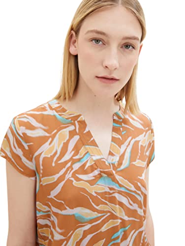 TOM TAILOR Damen Kurzarm-Bluse mit Muster , brown abstract leaf design, 38 – Ansicht 3