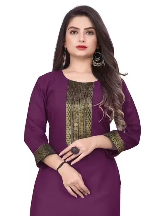 Image of Women Straight Woven Design Cotton Blend Round Neck 3 /4 Sleeve Kurti Only