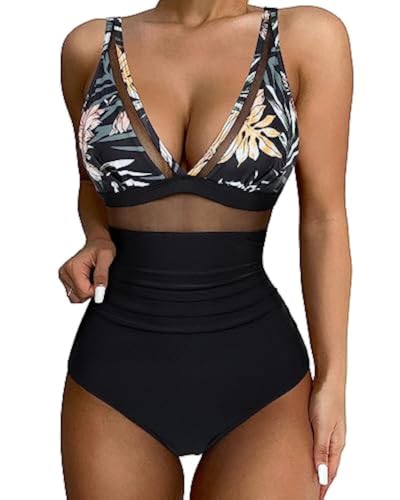 ZEZEZ Damen- Badeanzug mit hoher Taille und Bauchkontrolle, einteiliger Badeanzug mit V- Ausschnitt(Leaves, XL)