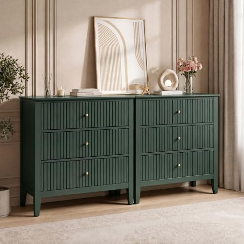 RoyalCraft Large 3 Drawer Dresser Set of 2, Fluted Chest of Drawers with Storage, Modern Painted 30 inch Tall Nightstand for Bedroom Living Room Entryway, Dark Green