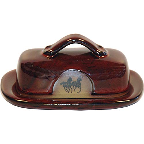 ALWAYS AZUL POTTERY Double Running Horse Butter Dish in Real Red - Handmade Pottery - Decorative Stoneware Butter Dish Dispenser - Countertop Covered Butter Storage Container